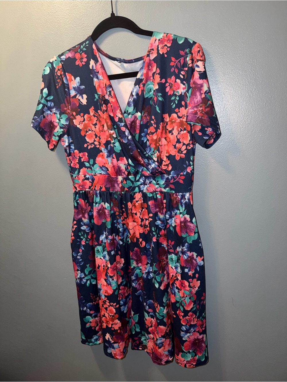 Navy Floral Wrap Dress with Coral & Teal Blooms